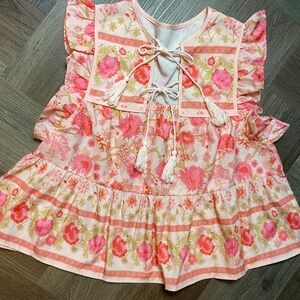 Mille Chelsea Floral Peasant Boho Top Womens Small Pink Ruffle Tassel Coquette